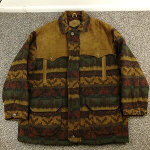 Vintage Woolrich Jacket Wool Aztec Southwestern Tribal Leather Trim Mens XL
